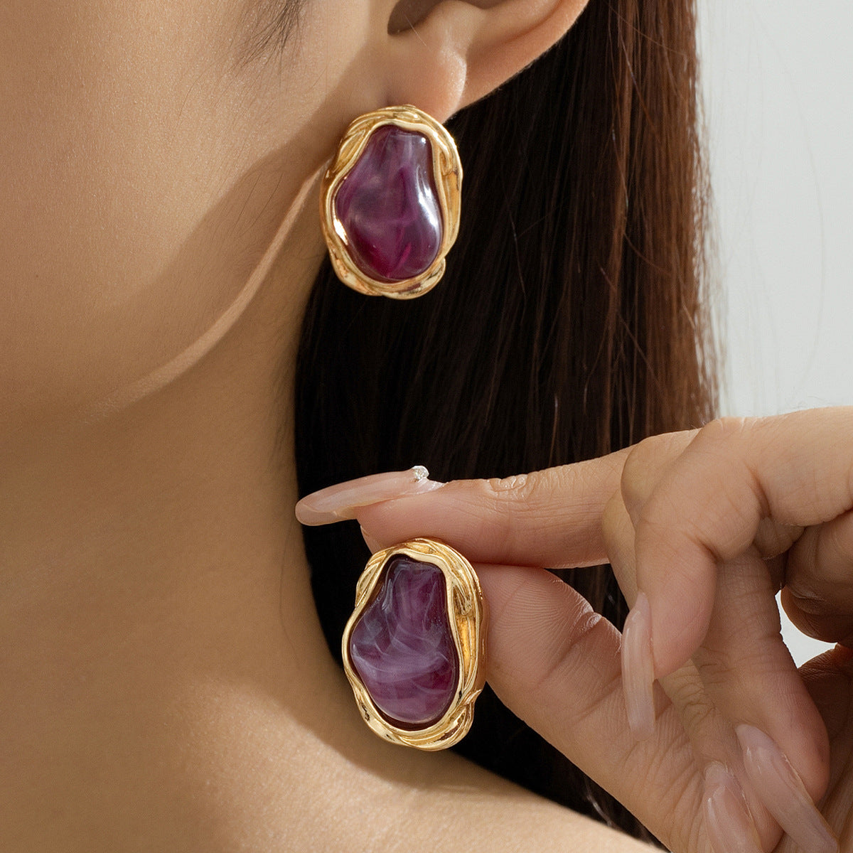 A Pair of Vintage Baroque Statement Earrings - Chunky Gold Tone Irregular Studs with Pink Faux Stone - Stainless Steel Pin Fashion Jewellery for Women - Image 2