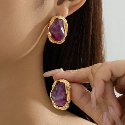 A Pair of Vintage Baroque Statement Earrings - Chunky Gold Tone Irregular Studs with Pink Faux Stone - Stainless Steel Pin Fashion Jewellery for Women - Image 2