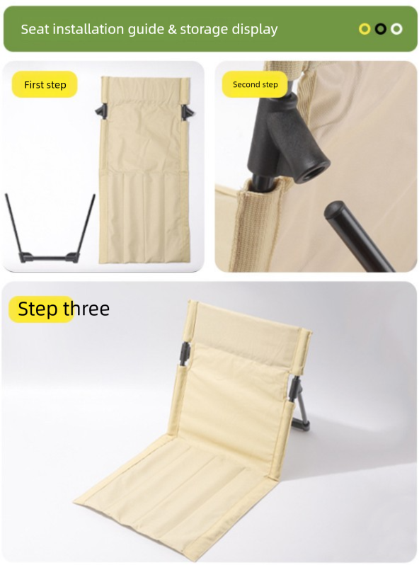 Portable Ground Chair with Back Support - Foldable Outdoor Floor Seat with Sturdy Iron Frame - Beige White Oxford Fabric for Picnics, Festivals & Camping - Image 5