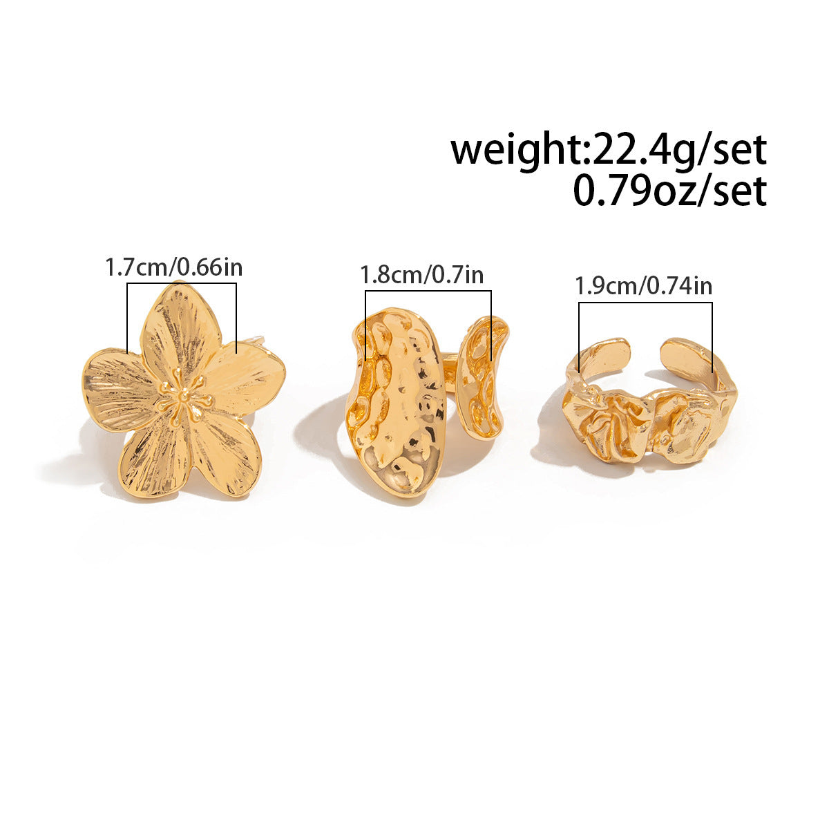 3-Piece Molten Gold Tone Ring Set - Vintage Baroque Flower & Abstract Liquid Metal Design - Adjustable Open Cuff Stackable Jewelry for Women - Image 2