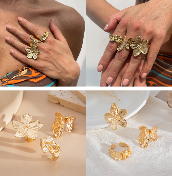 3-Piece Molten Gold Tone Ring Set - Vintage Baroque Flower & Abstract Liquid Metal Design - Adjustable Open Cuff Stackable Jewelry for Women - Image 3
