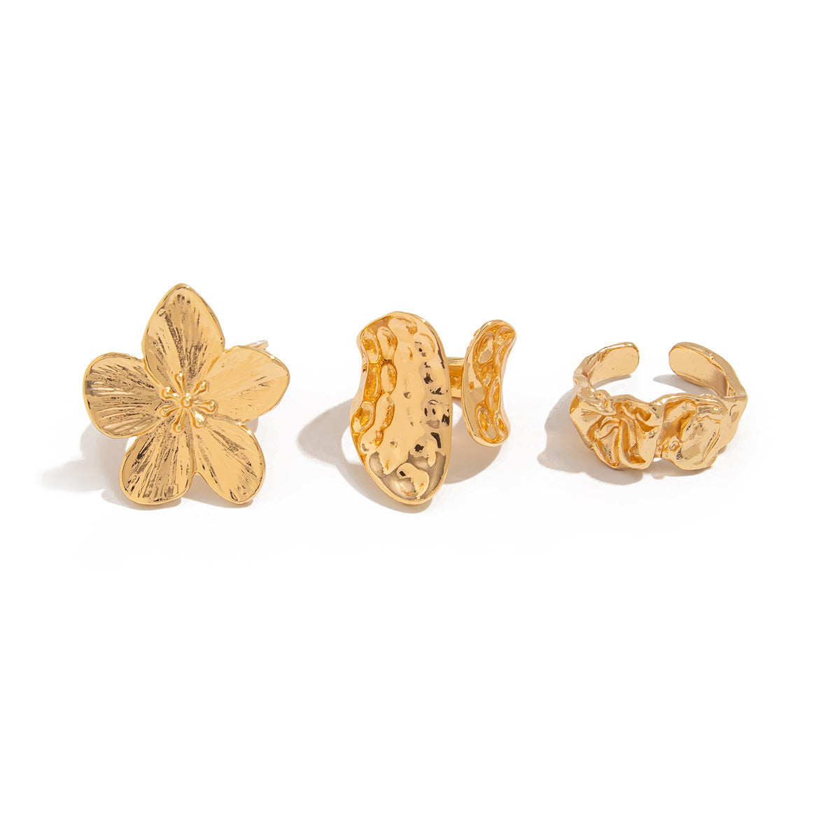 3-Piece Molten Gold Tone Ring Set - Vintage Baroque Flower & Abstract Liquid Metal Design - Adjustable Open Cuff Stackable Jewelry for Women - Image 4