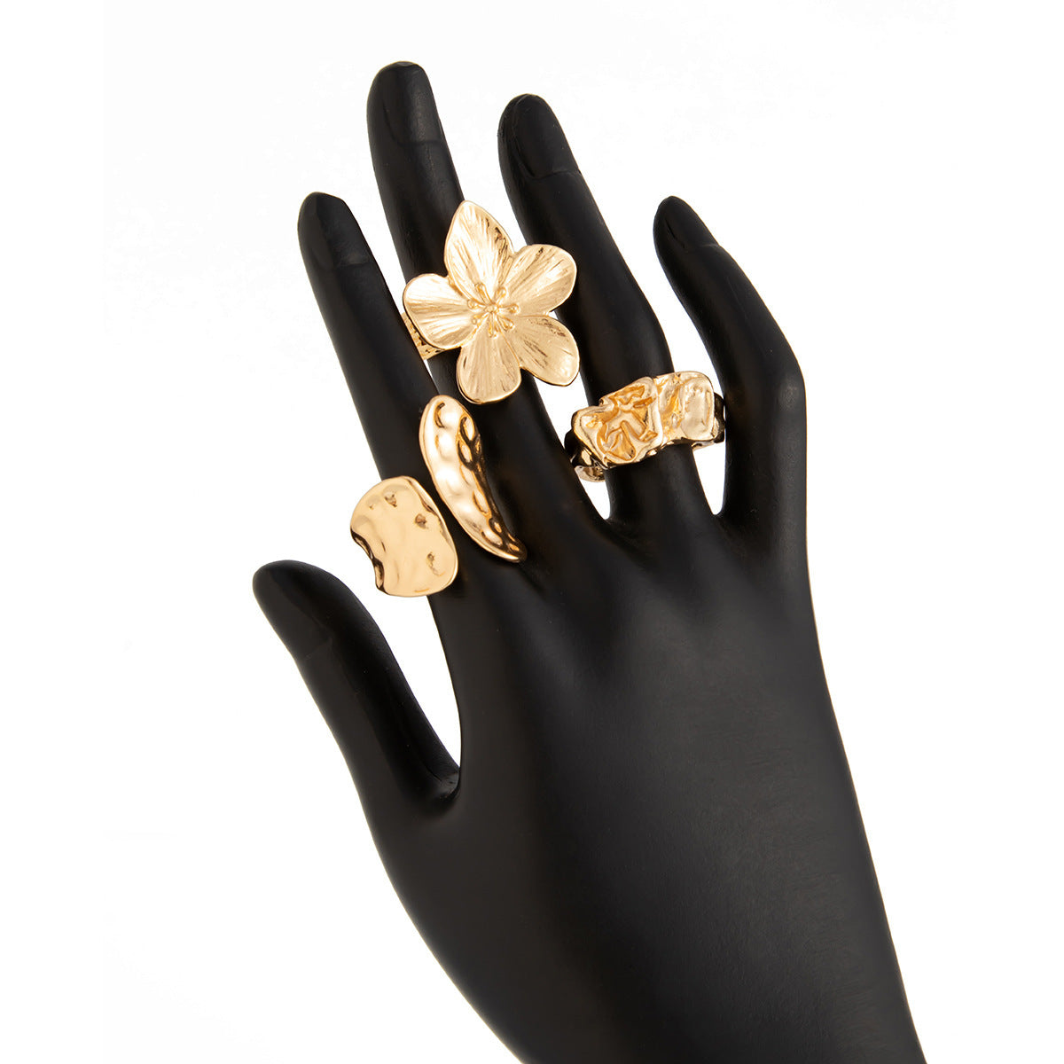 3-Piece Molten Gold Tone Ring Set - Vintage Baroque Flower & Abstract Liquid Metal Design - Adjustable Open Cuff Stackable Jewelry for Women - Image 5