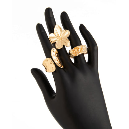 3-Piece Molten Gold Tone Ring Set - Vintage Baroque Flower & Abstract Liquid Metal Design - Adjustable Open Cuff Stackable Jewelry for Women - Image 5