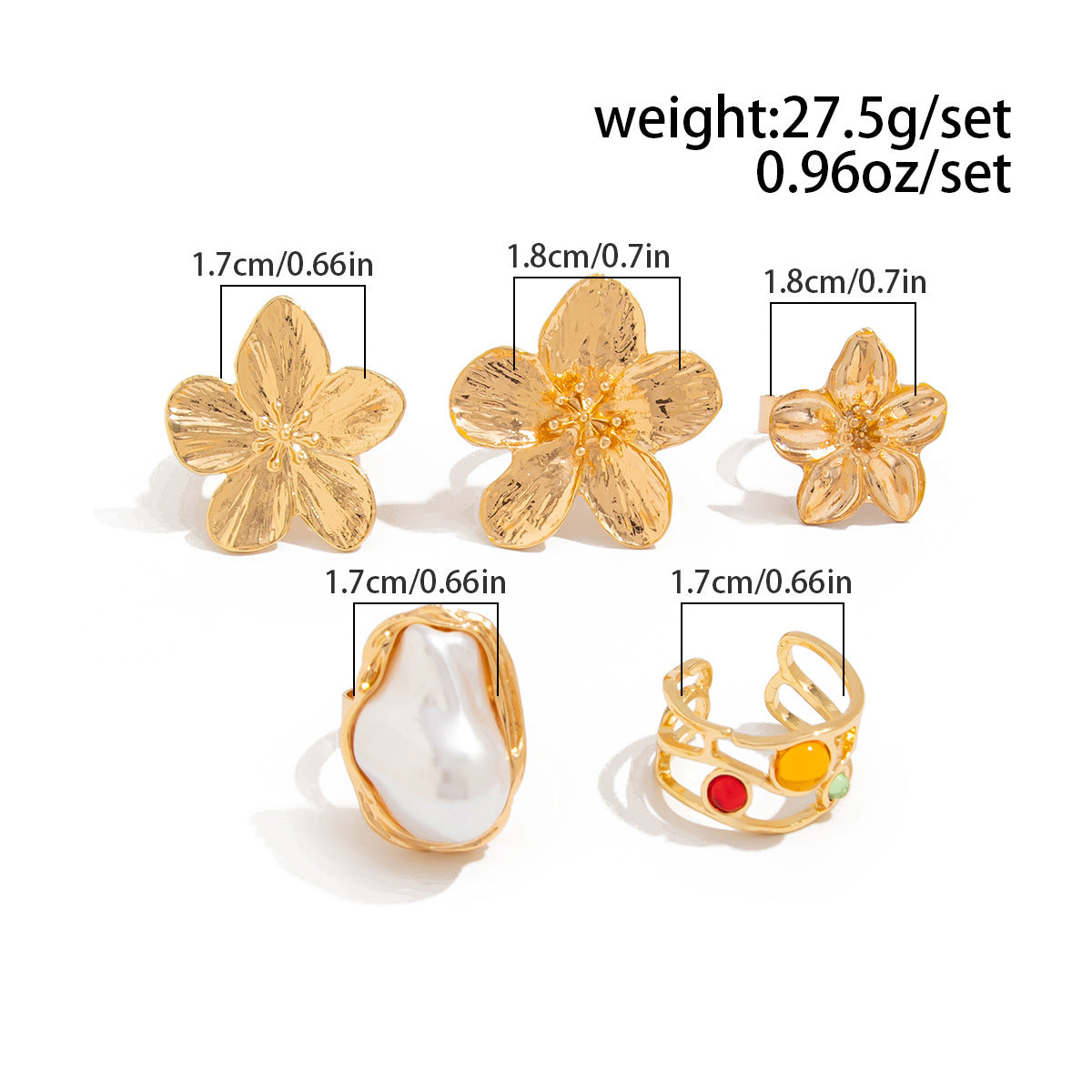 5-Piece Molten Gold Tone Ring Set - Vintage Baroque Flowers, Large Faux Pearl & Colourful Gem Cuff - Adjustable Boho Stackable Jewellery - Image 2