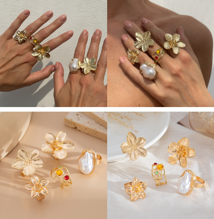 5-Piece Molten Gold Tone Ring Set - Vintage Baroque Flowers, Large Faux Pearl & Colourful Gem Cuff - Adjustable Boho Stackable Jewellery - Image 3