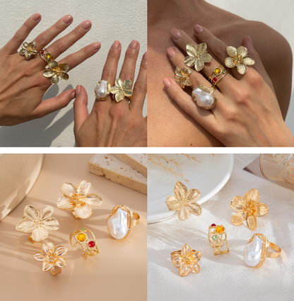 5-Piece Molten Gold Tone Ring Set - Vintage Baroque Flowers, Large Faux Pearl & Colourful Gem Cuff - Adjustable Boho Stackable Jewellery - Image 3