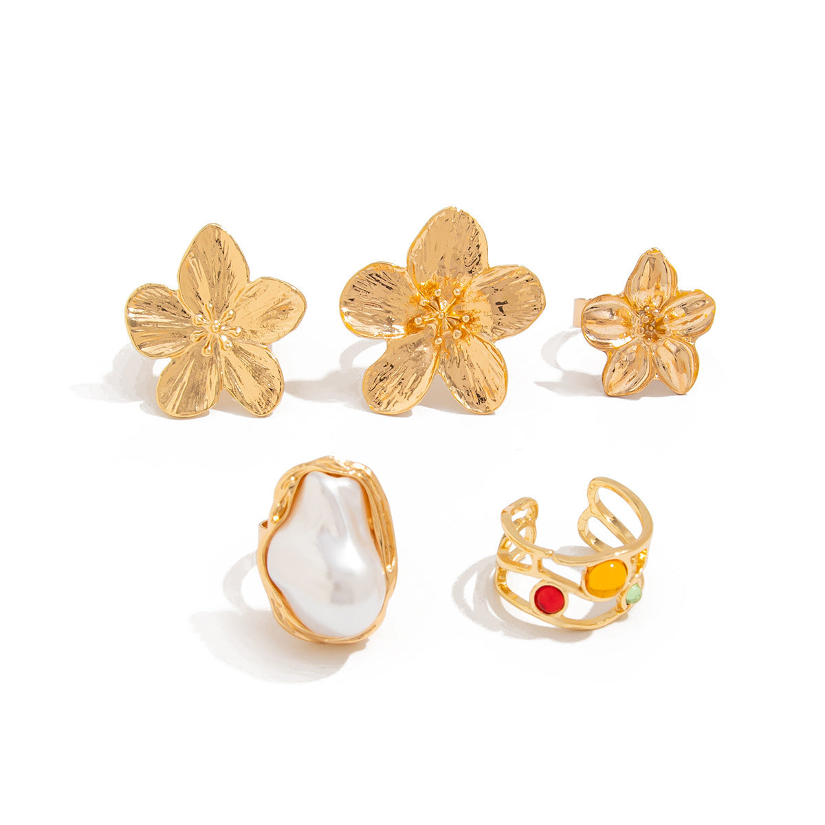 5-Piece Molten Gold Tone Ring Set - Vintage Baroque Flowers, Large Faux Pearl & Colourful Gem Cuff - Adjustable Boho Stackable Jewellery - Image 4