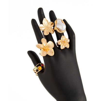 5-Piece Molten Gold Tone Ring Set - Vintage Baroque Flowers, Large Faux Pearl & Colourful Gem Cuff - Adjustable Boho Stackable Jewellery - Image 5