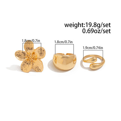 3-Piece Sculptural Gold Tone Ring Set - Large Textured Flower, Chunky Smooth Dome & Teardrop Wrap Band - Adjustable Statement Jewellery - Image 2