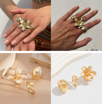 3-Piece Sculptural Gold Tone Ring Set - Large Textured Flower, Chunky Smooth Dome & Teardrop Wrap Band - Adjustable Statement Jewellery - Image 3