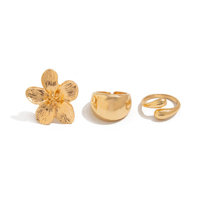 3-Piece Sculptural Gold Tone Ring Set - Large Textured Flower, Chunky Smooth Dome & Teardrop Wrap Band - Adjustable Statement Jewellery - Image 4