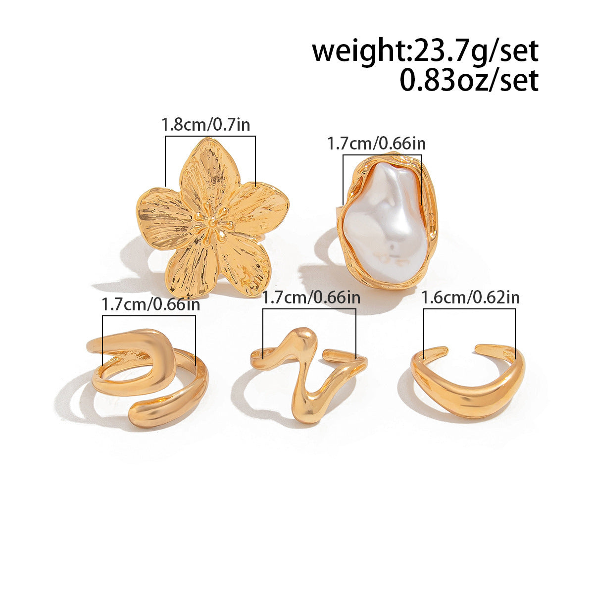 5 PCS Liquid Gold Tone Ring Set - Baroque Faux Pearl, Textured Flower & Abstract Wave Bands - Adjustable Boho Stackable Jewellery - Image 2