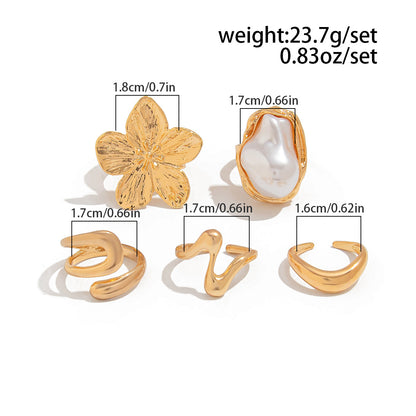 5 PCS Liquid Gold Tone Ring Set - Baroque Faux Pearl, Textured Flower & Abstract Wave Bands - Adjustable Boho Stackable Jewellery - Image 2