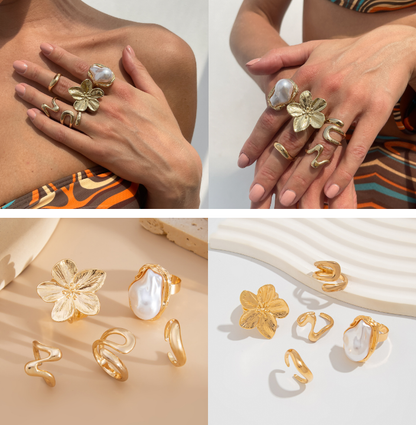 5 PCS Liquid Gold Tone Ring Set - Baroque Faux Pearl, Textured Flower & Abstract Wave Bands - Adjustable Boho Stackable Jewellery - Image 3