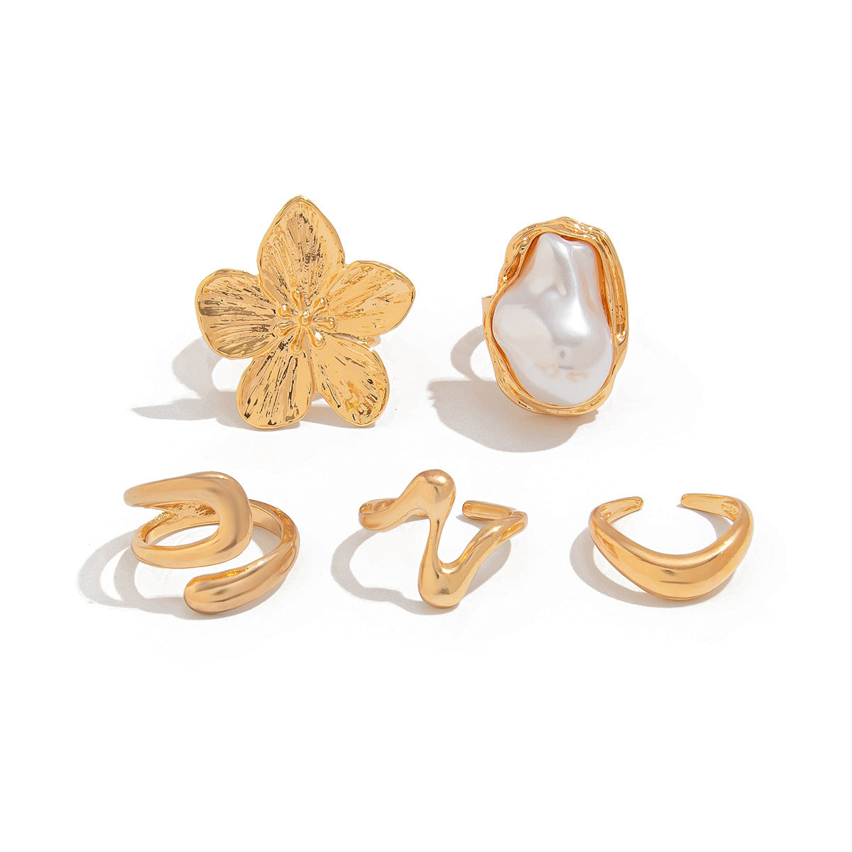 5 PCS Liquid Gold Tone Ring Set - Baroque Faux Pearl, Textured Flower & Abstract Wave Bands - Adjustable Boho Stackable Jewellery - Image 4