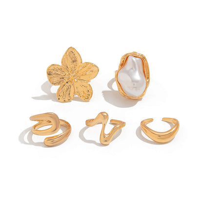 5 PCS Liquid Gold Tone Ring Set - Baroque Faux Pearl, Textured Flower & Abstract Wave Bands - Adjustable Boho Stackable Jewellery - Image 4
