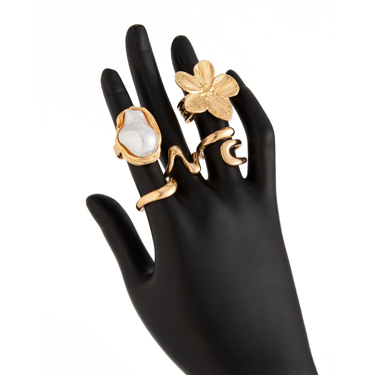 5 PCS Liquid Gold Tone Ring Set - Baroque Faux Pearl, Textured Flower & Abstract Wave Bands - Adjustable Boho Stackable Jewellery - Image 5