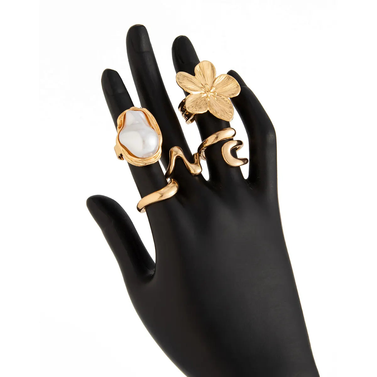 5 PCS Liquid Gold Tone Ring Set - Baroque Faux Pearl, Textured Flower & Abstract Wave Bands - Adjustable Boho Stackable Jewellery - Image 5