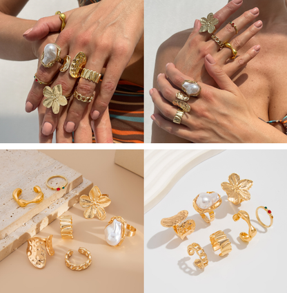 7-Piece Molten Gold Tone Ring Set - Baroque Faux Pearl, Flower, Chain Link & Abstract Shield Bands - Ultimate Adjustable Boho Stackable Jewellery - Image 3