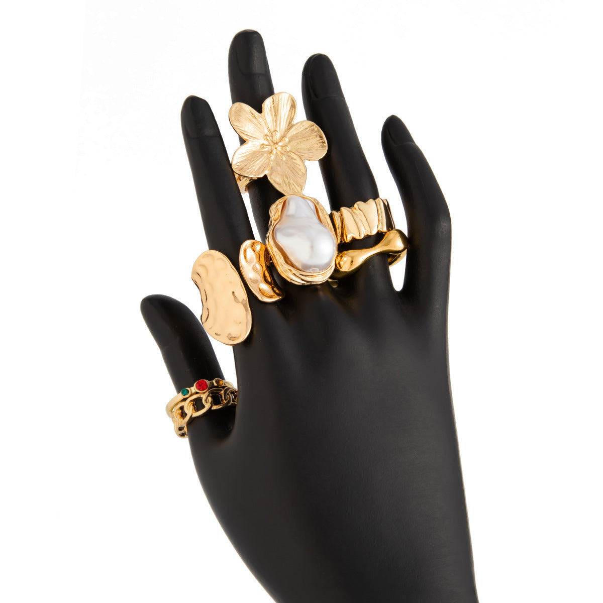 7-Piece Molten Gold Tone Ring Set - Baroque Faux Pearl, Flower, Chain Link & Abstract Shield Bands - Ultimate Adjustable Boho Stackable Jewellery - Image 5