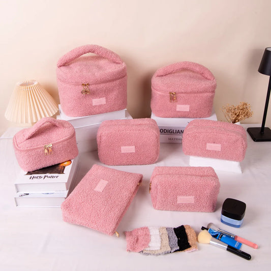 Medium Pink Teddy Fleece Cosmetic Pouch - Soft Sherpa Flat Makeup Bag & Travel Clutch - Multi-purpose Organiser (26cm x 18cm) - Image 2