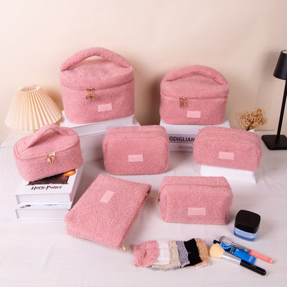 Small Pink Teddy Fleece Cosmetic Bag - Compact Soft Sherpa Makeup Pouch - Daily Purse Organiser for Lipstick & Essentials (18cm) - Image 2