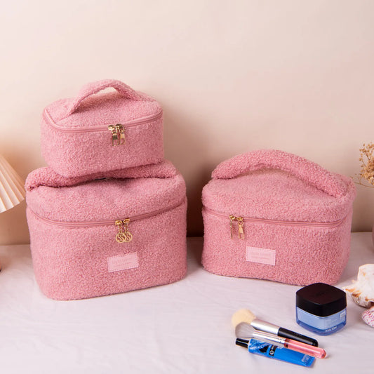 Small Pink Teddy Fleece Cosmetic Bag - Compact Soft Sherpa Makeup Pouch - Daily Purse Organiser for Lipstick & Essentials (18cm) - Image 3