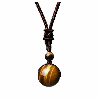 Handmade Woven Tiger Eye Stone Pendant Necklace Vintage Natural 16mm Gemstone Jewelry for Men and Women Simple Retro Style Accessory