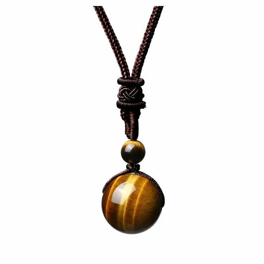 Handmade Woven Tiger Eye Stone Pendant Necklace Vintage Natural 16mm Gemstone Jewelry for Men and Women Simple Retro Style Accessory
