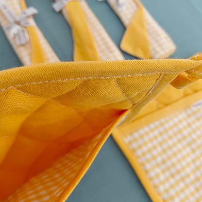 3-Piece Yellow Gingham Cotton Kitchen Linen Set - Reversible Placemat, Fringed Napkin & Quilted Pot Holder - Yarn Dyed Checkered Dining Bundle - Image 5