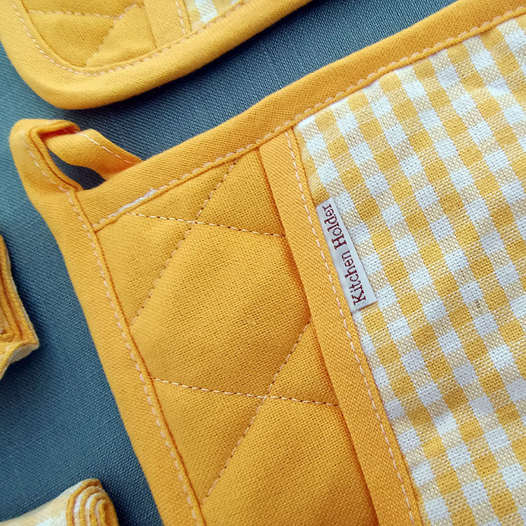 3-Piece Yellow Gingham Cotton Kitchen Linen Set - Reversible Placemat, Fringed Napkin & Quilted Pot Holder - Yarn Dyed Checkered Dining Bundle - Image 6