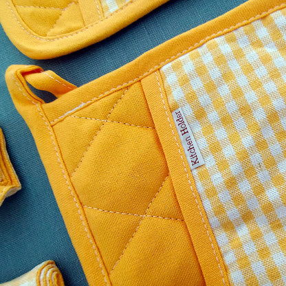 3-Piece Yellow Gingham Cotton Kitchen Linen Set - Reversible Placemat, Fringed Napkin & Quilted Pot Holder - Yarn Dyed Checkered Dining Bundle - Image 6