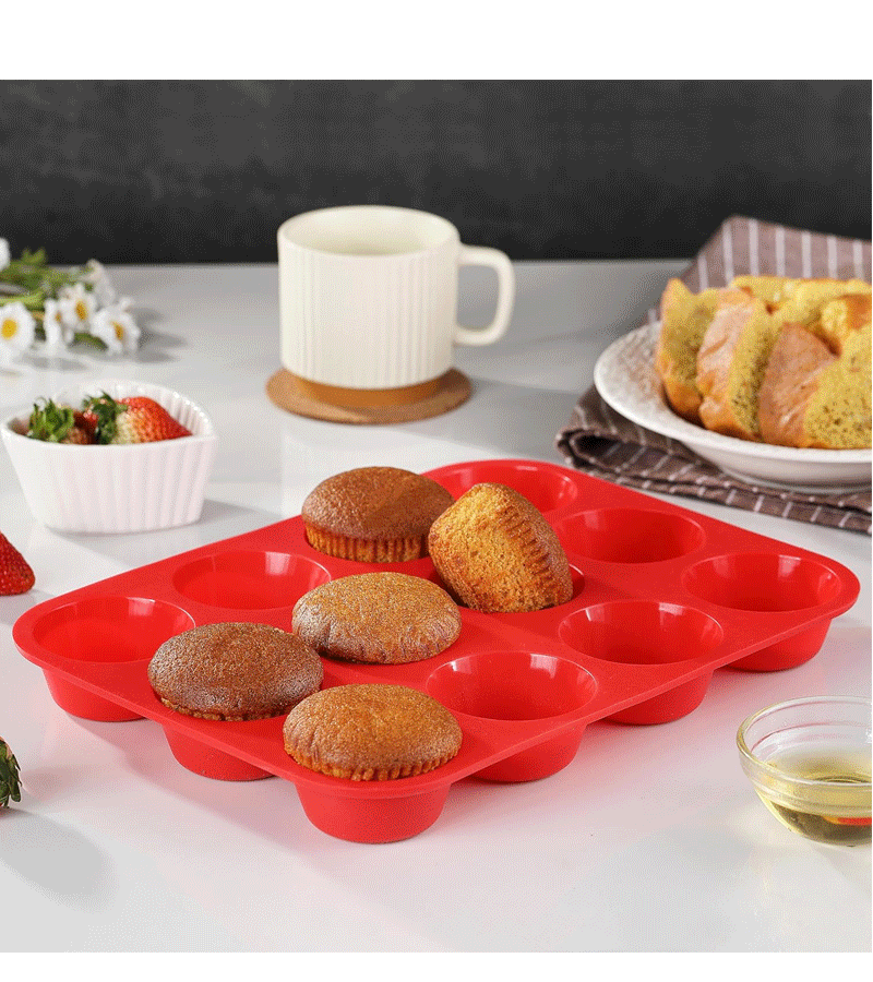 12-Cup Silicone Muffin Pan - Non-Stick Red Baking Mould for Cupcakes, Egg Bites & Tarts - Food Grade, Heat Resistant & Dishwasher Safe (29.5cm) - Image 3
