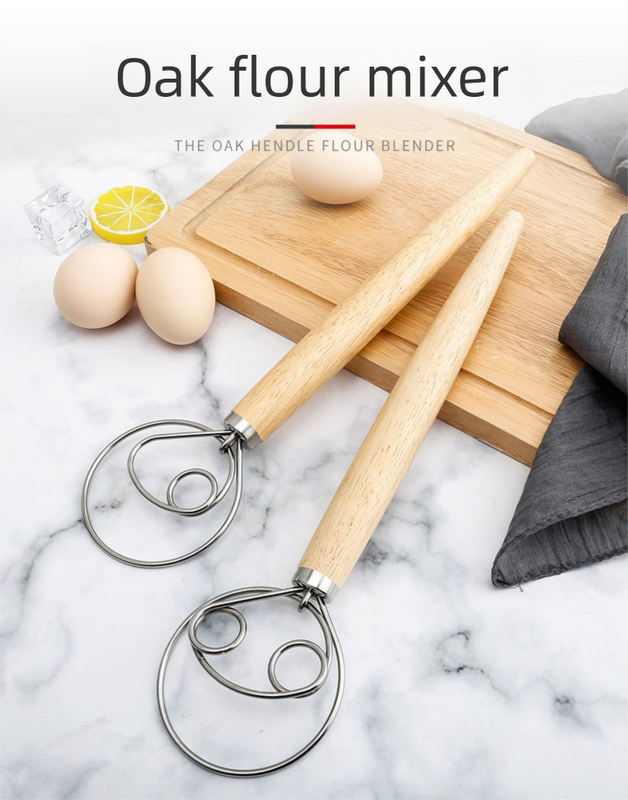 Danish Dough Whisk with Long Oak Handle - 13 Inch Stainless Steel Bread Mixer Tool for Sourdough, Pizza & Pastry - Heavy Duty Hand Held Flour Blender (Single Loop Design) - Image 2