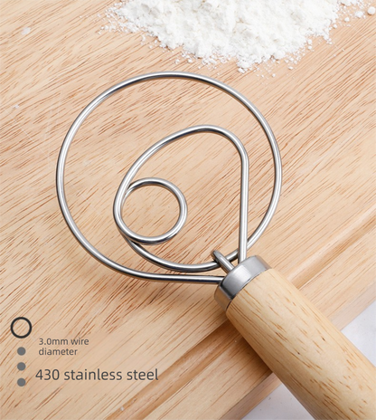 Double Loop Danish Dough Whisk with Long Oak Handle - 13 Inch Stainless Steel Bread Mixer Tool for Sourdough & Heavy Batter - Hand Held Flour Blender (Two Eye Design) - Image 3