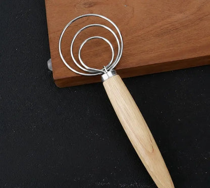 Triple Loop Danish Dough Whisk with Short Oak Handle - 9 Inch Compact Stainless Steel Mixer for Sourdough Starters, Eggs & Batter - Hand Held Flour Blender (3 Eye Design)