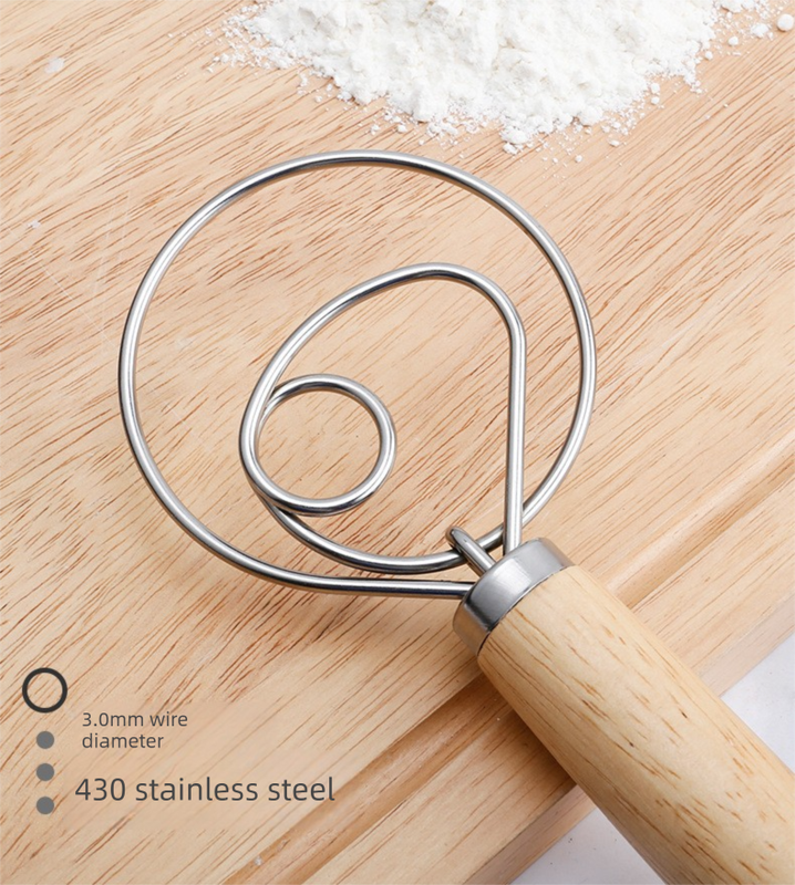 Triple Loop Danish Dough Whisk with Short Oak Handle - 9 Inch Compact Stainless Steel Mixer for Sourdough Starters, Eggs & Batter - Hand Held Flour Blender (3 Eye Design) - Image 3