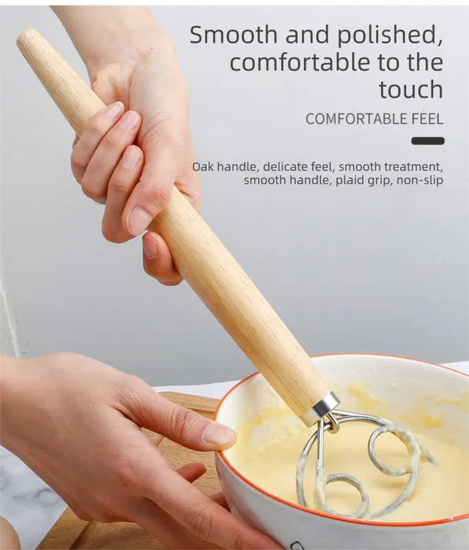 Triple Loop Danish Dough Whisk with Short Oak Handle - 9 Inch Compact Stainless Steel Mixer for Sourdough Starters, Eggs & Batter - Hand Held Flour Blender (3 Eye Design) - Image 5