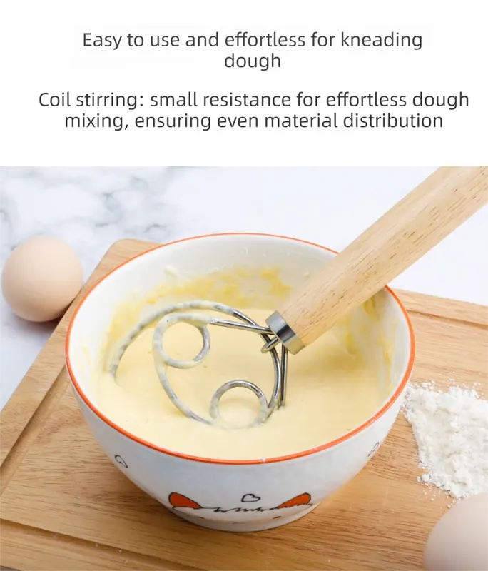 Triple Loop Danish Dough Whisk with Short Oak Handle - 9 Inch Compact Stainless Steel Mixer for Sourdough Starters, Eggs & Batter - Hand Held Flour Blender (3 Eye Design) - Image 6