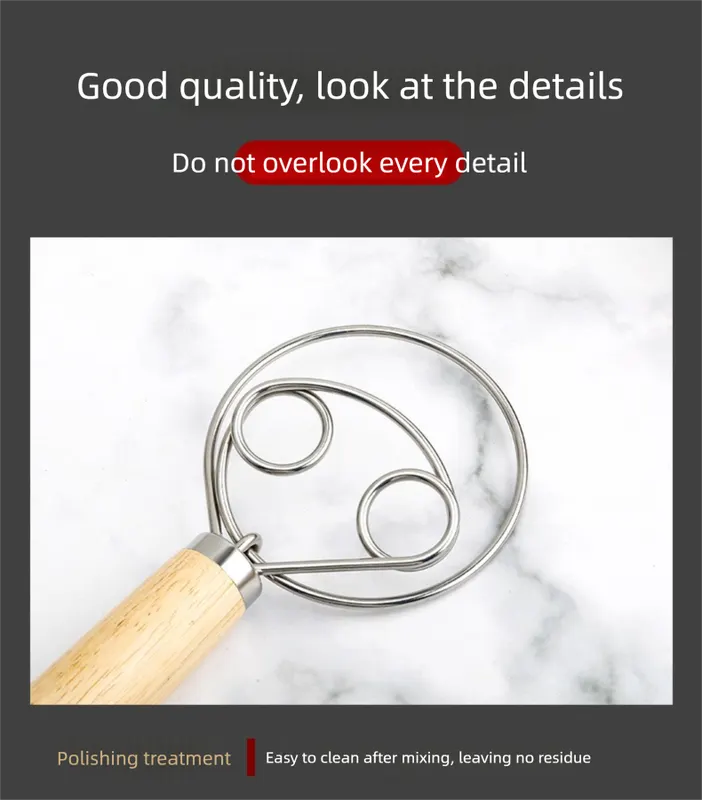 Triple Loop Danish Dough Whisk with Short Oak Handle - 9 Inch Compact Stainless Steel Mixer for Sourdough Starters, Eggs & Batter - Hand Held Flour Blender (3 Eye Design) - Image 7