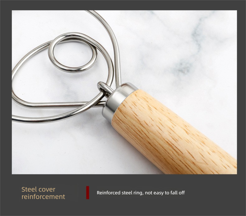 Triple Loop Danish Dough Whisk with Long Oak Handle - 13 Inch Stainless Steel Bread Mixer for Sourdough, Eggs & Batter - Hand Held Flour Blender (3 Eye Design) - Image 8