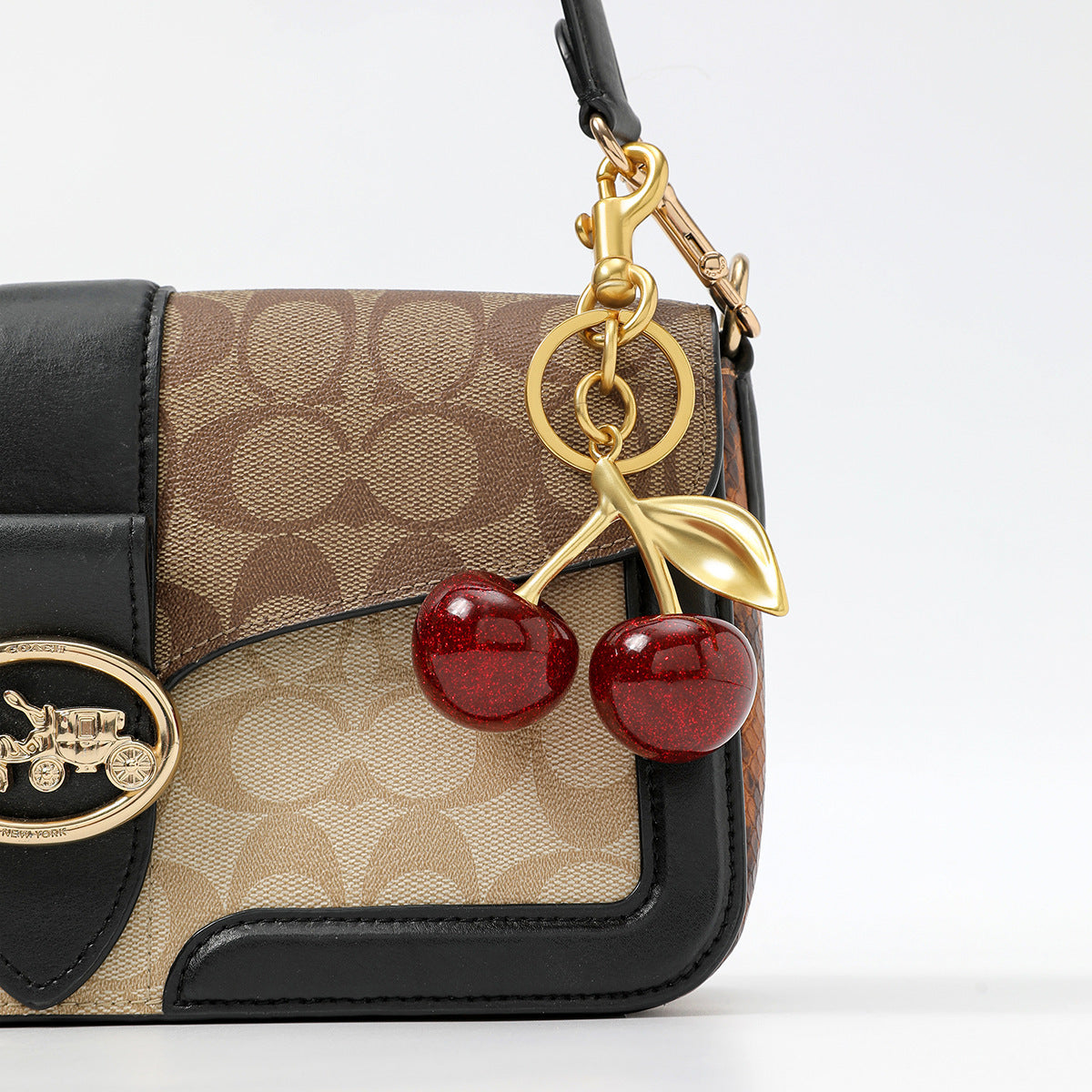 Luxury Sparkly Red Cherry Bag Charm Keychain - Gold Tone Metal Fruit Keyring with Glitter Finish - Cute Purse Accessory for Handbags & Car Keys (11.5cm) - Image 2