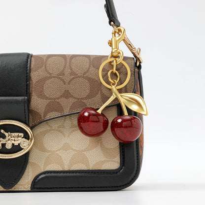 Luxury Sparkly Red Cherry Bag Charm Keychain - Gold Tone Metal Fruit Keyring with Glitter Finish - Cute Purse Accessory for Handbags & Car Keys (11.5cm) - Image 2