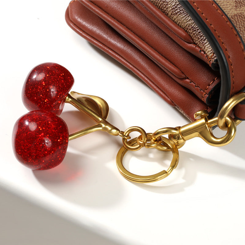 Luxury Sparkly Red Cherry Bag Charm Keychain - Gold Tone Metal Fruit Keyring with Glitter Finish - Cute Purse Accessory for Handbags & Car Keys (11.5cm) - Image 3