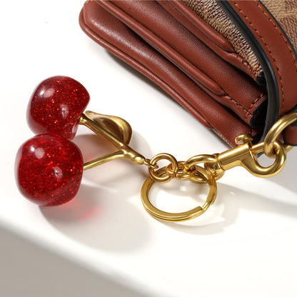 Luxury Sparkly Red Cherry Bag Charm Keychain - Gold Tone Metal Fruit Keyring with Glitter Finish - Cute Purse Accessory for Handbags & Car Keys (11.5cm) - Image 3