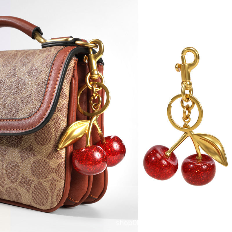 Luxury Sparkly Red Cherry Bag Charm Keychain - Gold Tone Metal Fruit Keyring with Glitter Finish - Cute Purse Accessory for Handbags & Car Keys (11.5cm) - Image 4