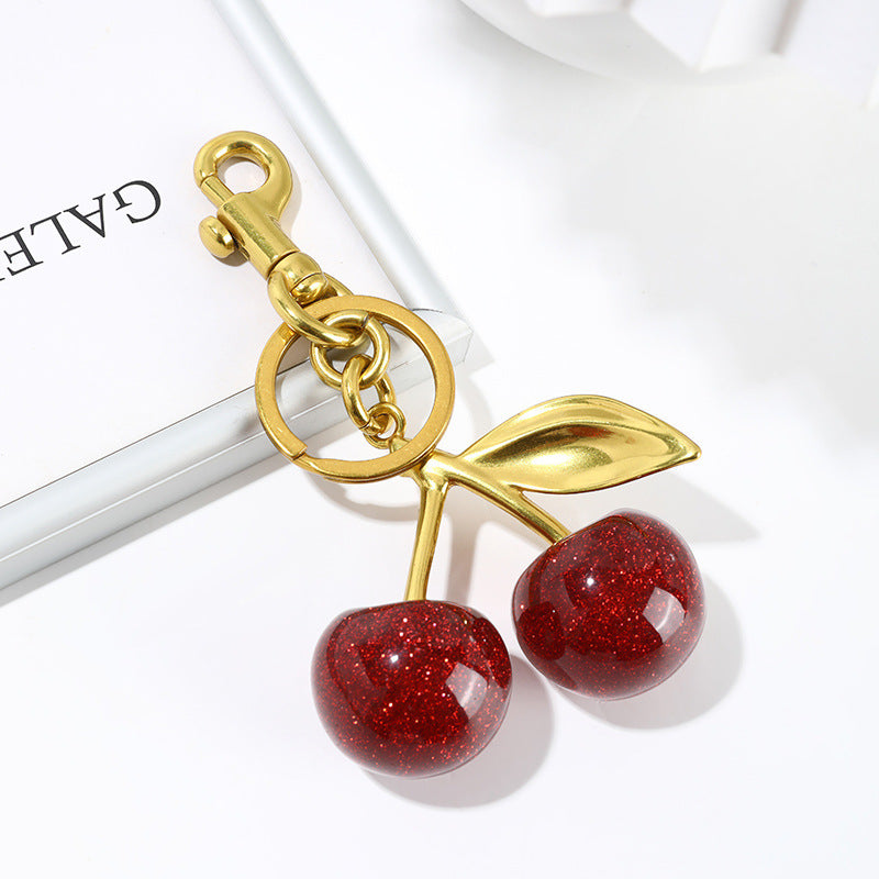 Luxury Sparkly Red Cherry Bag Charm Keychain - Gold Tone Metal Fruit Keyring with Glitter Finish - Cute Purse Accessory for Handbags & Car Keys (11.5cm) - Image 5