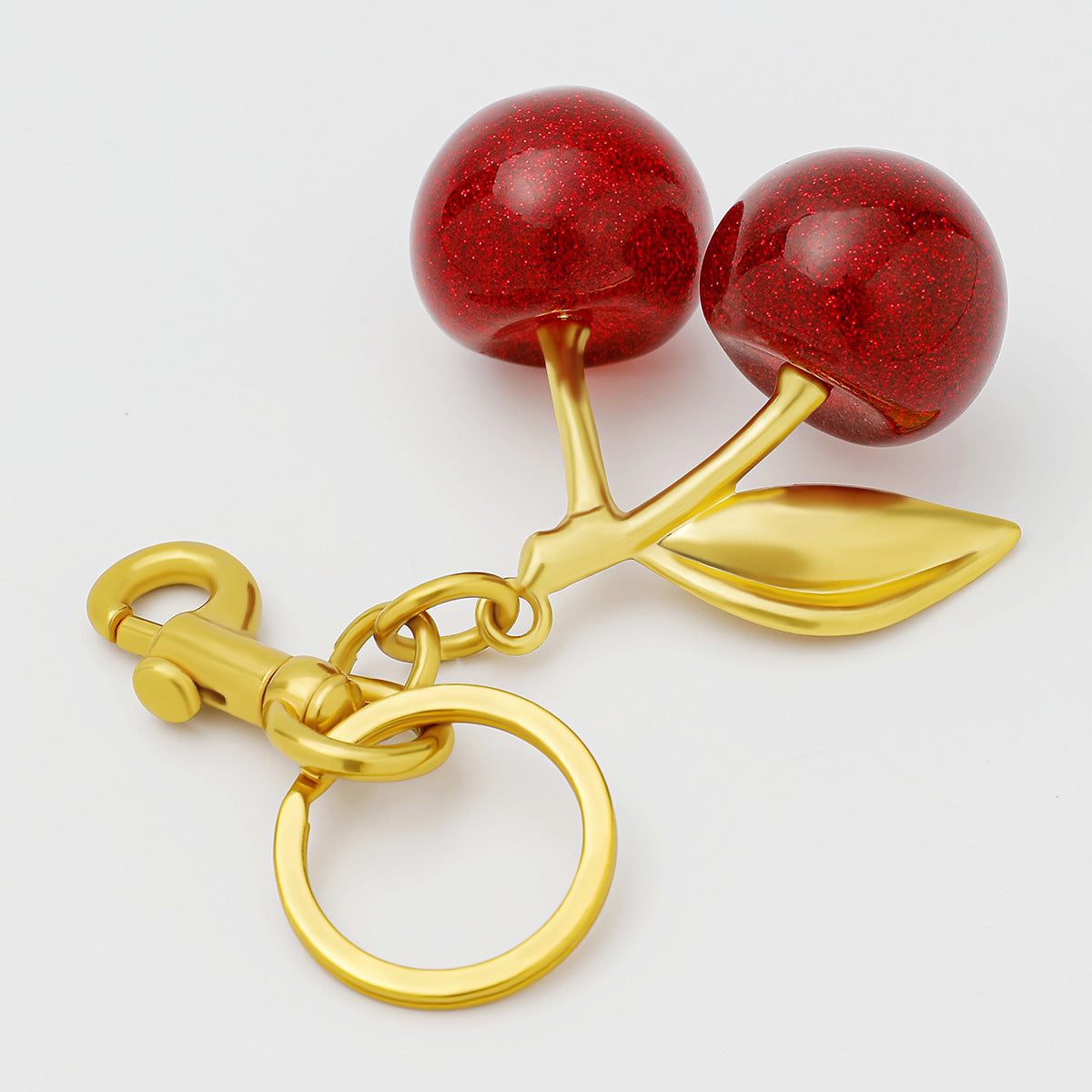 Luxury Sparkly Red Cherry Bag Charm Keychain - Gold Tone Metal Fruit Keyring with Glitter Finish - Cute Purse Accessory for Handbags & Car Keys (11.5cm) - Image 6