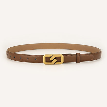 Womens Genuine Leather Belt Caramel 2.3cm Wide Gold Buckle Waist Strap for Jeans & Dresses Elegant Fashion Accessory